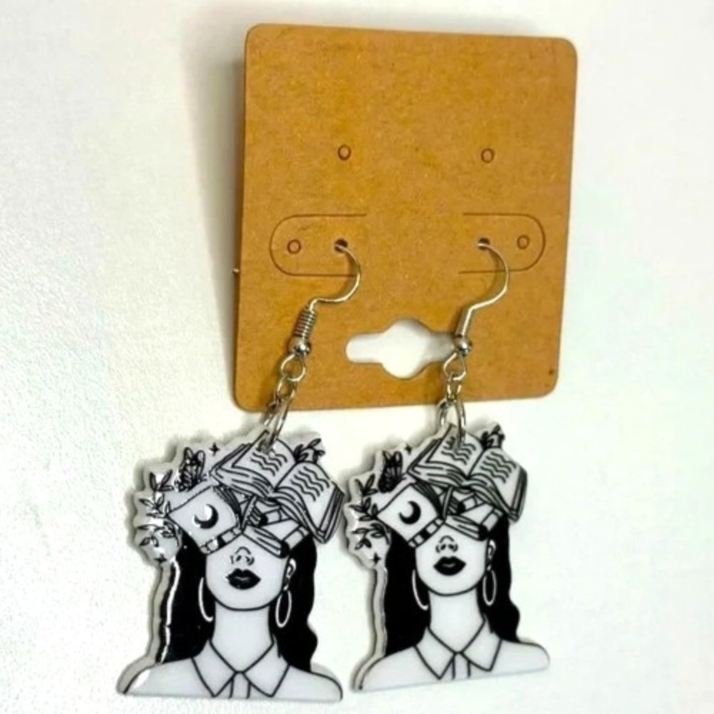 Book Lover Reader Earrings Black White Double-Sided‎ Acrylic Dangle Jewelry
